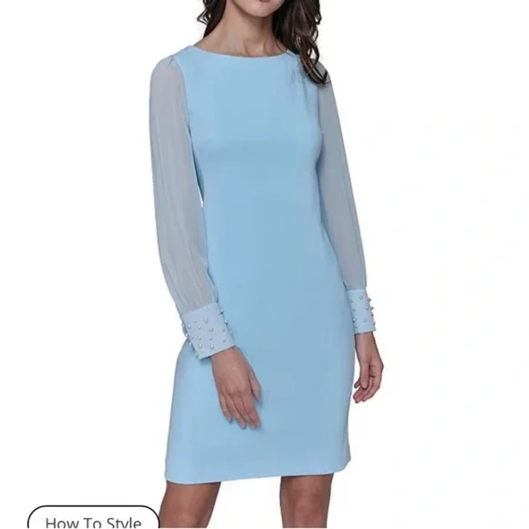 Karl Lagerfeld Powder Blue Long Sleeve Sheath Dress Pearl Sleeves Accent Size 16 - Picture 2 of 6